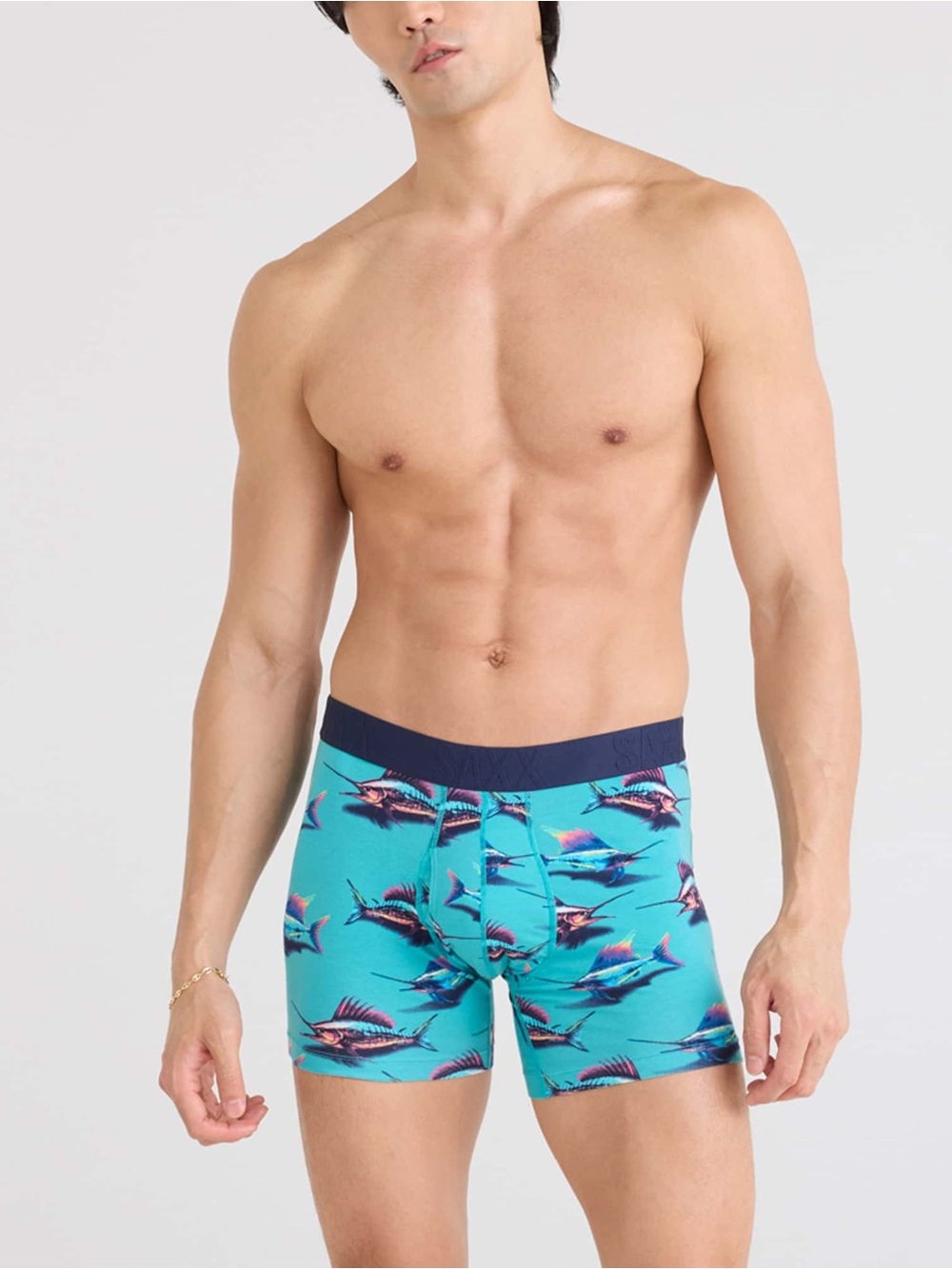 Saxx Turquoise Marlin-Print Boxer Briefs with Navy Waistband